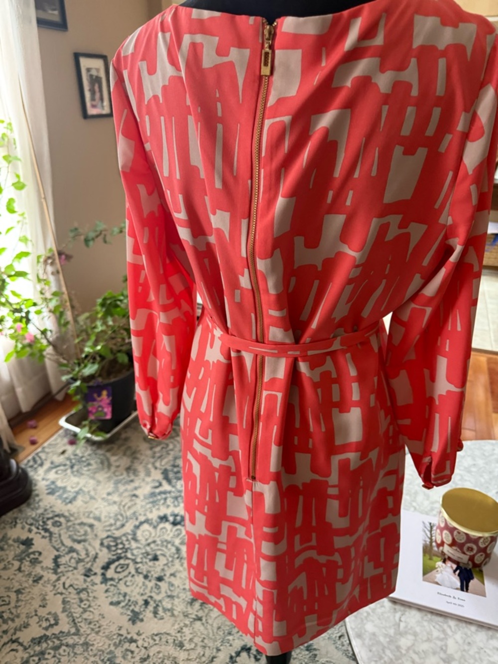 Coral Abstract Print Tie-Waist Midi Dress - Picture 8 of 14